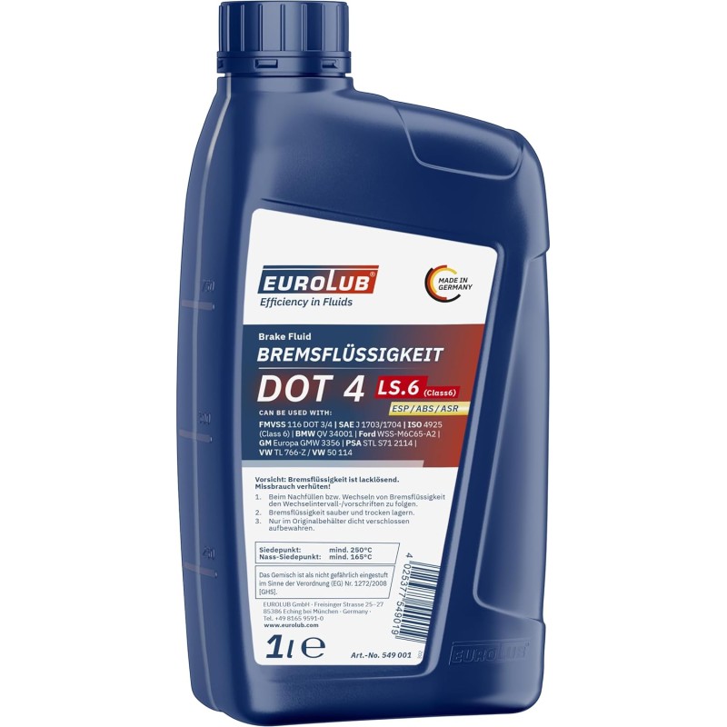 EUROLUB 549001 Bremsflüssigkeit LS.6 DOT4 LS.6 (Class6), 1 Liter