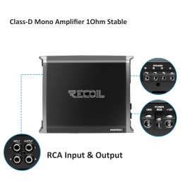 Recoil RED600-1 1320 Watts Class-D Car Audio Mono-Block Subwoofer Amplifier, 1 Ohm Stable, Remote Bass Knob Included