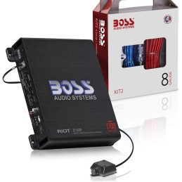 Boss Audio Systems R1100MK Car Amplifier and 8 Gauge Wiring Kit - 1100 Watts Max Power, 2-4 Ohm Stable, Class A/B, Monoblock,