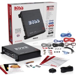 Boss Audio Systems R1100MK Car Amplifier and 8 Gauge Wiring Kit - 1100 Watts Max Power, 2-4 Ohm Stable, Class A/B, Monoblock,