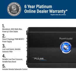 Planet Audio PL3000.1D Pulse Series Car Audio Amplifier – 3000 High Output, Monoblock, Class D, 1 Ohm Stable, Low Level Inputs,