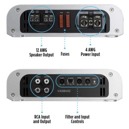NVX VADM2 2-Channel Full-Range Class D Amplifier 880W Max, 440W RMS High Power, 2/4-ohm stable, High/Low Pass X-over, for