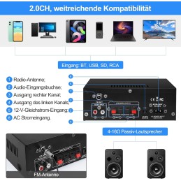 S-299 4.1-Kanal HiFi Verstärker, RMS 40Wx4+50W Bluetooth Mini Audio Verstärker Max. 800W Leistung Passiver Subwoofer Verstärker