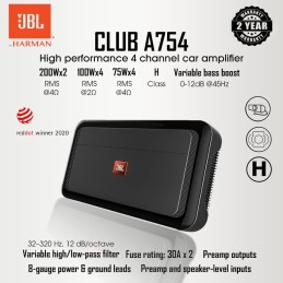 JBL Club A754 4-Kanal Endstufe Auto von Harman Kardon - KFZ Autoradio Verstärker - 4 x 75 Watt oder 2 x 200 Watt für 2 oder 4