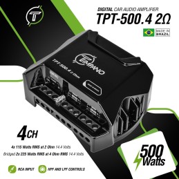 Timpano TPT500.4 Compact 4 Channel Car Audio Amplifier, 4 x 125 Watts at 2 Ohm, Mini Stereo 12 Volts Full Range Class D Amp