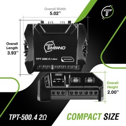 Timpano TPT500.4 Compact 4 Channel Car Audio Amplifier, 4 x 125 Watts at 2 Ohm, Mini Stereo 12 Volts Full Range Class D Amp