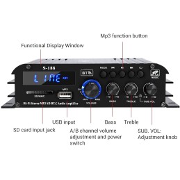 4.1-Kanal Verstärker, 1600W Mini hifi Verstärker, Bluetooth 5.0 für Heimlautsprecher 40W x 4 + Active Subwoofer von 110-240V bis