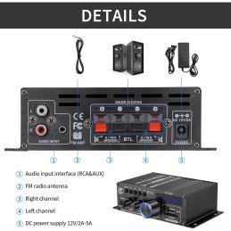 Bluetooth Verstärker HiFi Stereo Amplifier - 2 Kanal Mini Audio Verstärker 400WX2 Class D Verstaerker Digital Endstufe mit Bass