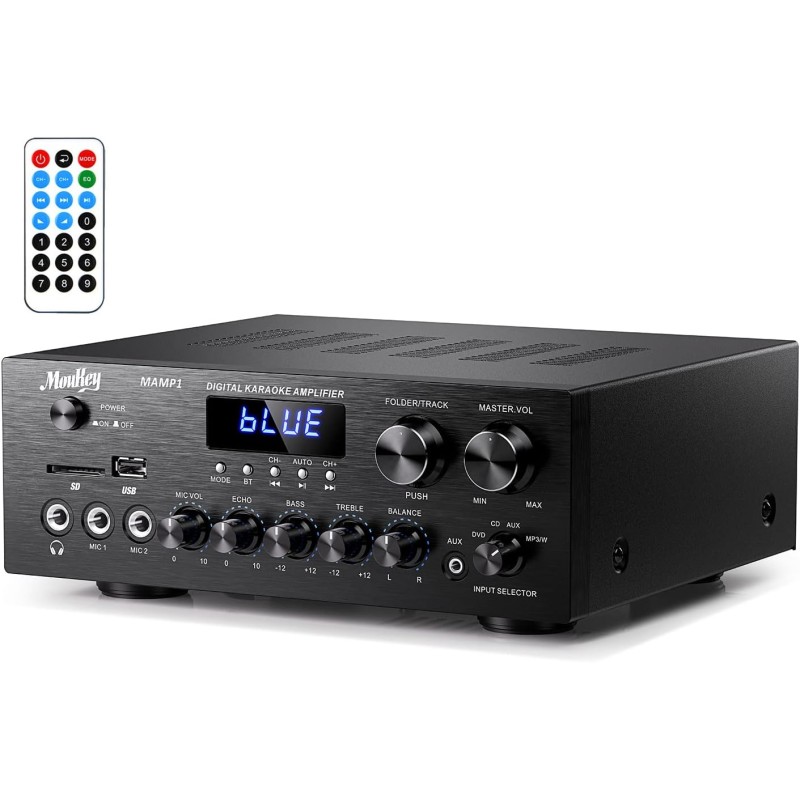 Verstärker Power Amplifier 220W, Moukey Bluetooth Leistungsverstärker Dual Kanal Audio Stereo Receiver mit USD, SD, AUX, MIC IN