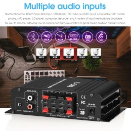 Versatile Mini Stereo Amplifier - Bluetooth 5.0/FM/MIC Input with USB Music Player, 40W×4 Power for Boat, Home, and Car Speakers