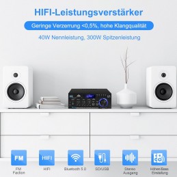 S-299 4.1-Kanal HiFi Verstärker, RMS 40Wx4+50W Bluetooth Mini Audio Verstärker Max. 800W Leistung Passiver Subwoofer Verstärker