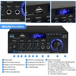 S-299 4.1-Kanal HiFi Verstärker, RMS 40Wx4+50W Bluetooth Mini Audio Verstärker Max. 800W Leistung Passiver Subwoofer Verstärker