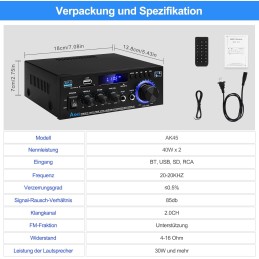 S-299 4.1-Kanal HiFi Verstärker, RMS 40Wx4+50W Bluetooth Mini Audio Verstärker Max. 800W Leistung Passiver Subwoofer Verstärker