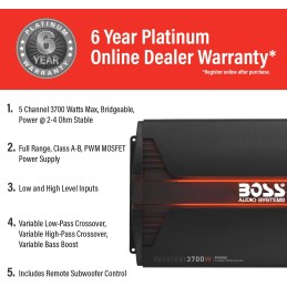 BOSS Audio Systems PV3700 5 Channel Car Stereo Amplifier – 3700 High Output, 5 Channel, 2/4 Ohm Stable, Low/High Level Inputs,