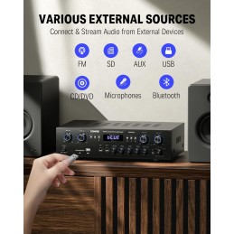 Audio Leistungsverstärker Bluetooth 5.0, Donner 440W Audio Verstärker 4 Kanal, Stereo Receiver mit USB, SD, FM, 2