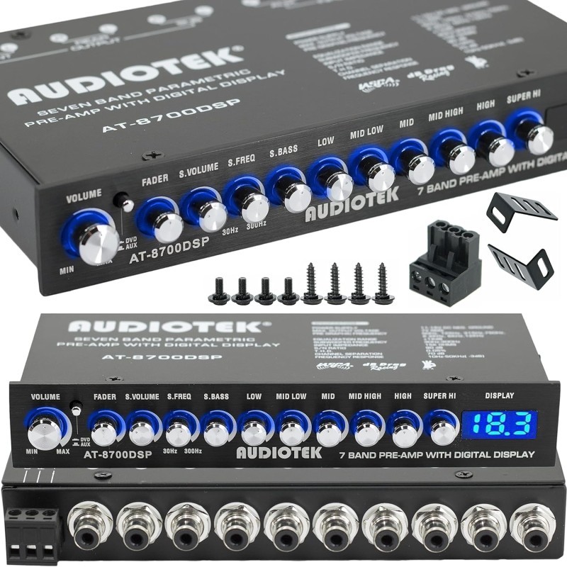 Audiotek 8700DSP 1/2 Din 7 Band Car Audio Equalizer EQ Front, Rear + Sub Output, Up to 7V RMS of Output, Gold-Plated RCA