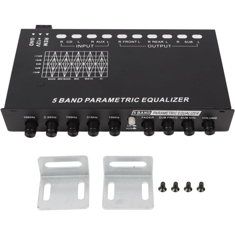 Car Audio Equalizer, 5 Band EQ Tuning Crossover Amplifier Graphic Equalizer, Precise Tuning, CD AUX Input Select Switch, Front