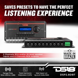 DS18 DSP2.8DBT 2-Channel in and 8-Channel Out Digital Sound Processor with Bluetooth and LCD Screen. Didactic and Intuitive