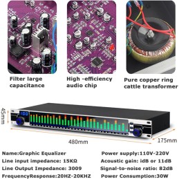 QIANMEI 31-Band Stereo Graphic Equalizer With 10 Preset Effects And Low/Mid/Treble Independent Adjustment, LED Spectrum Display,