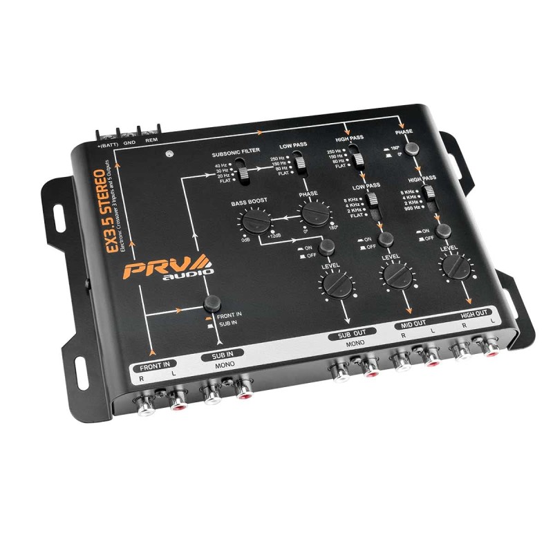 PRV AUDIO Crossover Car Audio EX3.5 STEREO 3 Way or 2 Way Electronic Crossover 9 Volts, 4 in 6 Out RCA Channels Car Sound