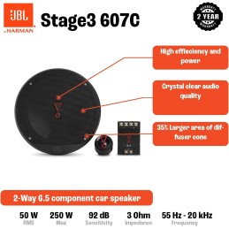 JBL Stage3 607C 2-Way Component Car Speakers Set - 250 Watt JBL Pro Sound Car Audio Components System with 6.5 inch Speaker and