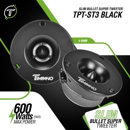 Timpano TPT-ST3 BLACK Slim Super Tweeter, 600 Watts 4 Ohm, 105 dB, 1 in Voice Coil, 3.75 Inch Pro Car Sound System Bullet