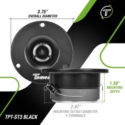 Timpano TPT-ST3 BLACK Slim Super Tweeter, 600 Watts 4 Ohm, 105 dB, 1 in Voice Coil, 3.75 Inch Pro Car Sound System Bullet