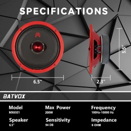 MX65E2 Loudspeaker 6.5 Inch Midrange 480 Watts 4 Ohms Red Bullet, Premium Quality Audio Door Speakers for Car or Truck Stereo