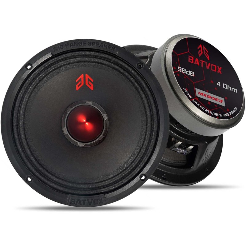 MX65E2 Loudspeaker 6.5 Inch Midrange 480 Watts 4 Ohms Red Bullet, Premium Quality Audio Door Speakers for Car or Truck Stereo