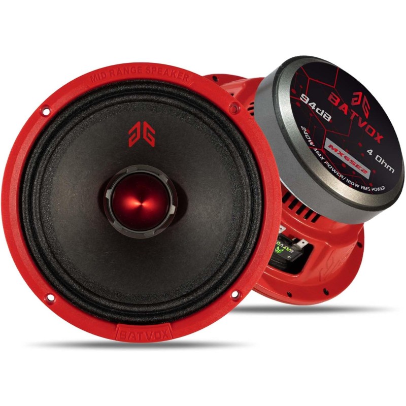 MX65E2 Loudspeaker 6.5 Inch Midrange 480 Watts 4 Ohms Red Bullet, Premium Quality Audio Door Speakers for Car or Truck Stereo