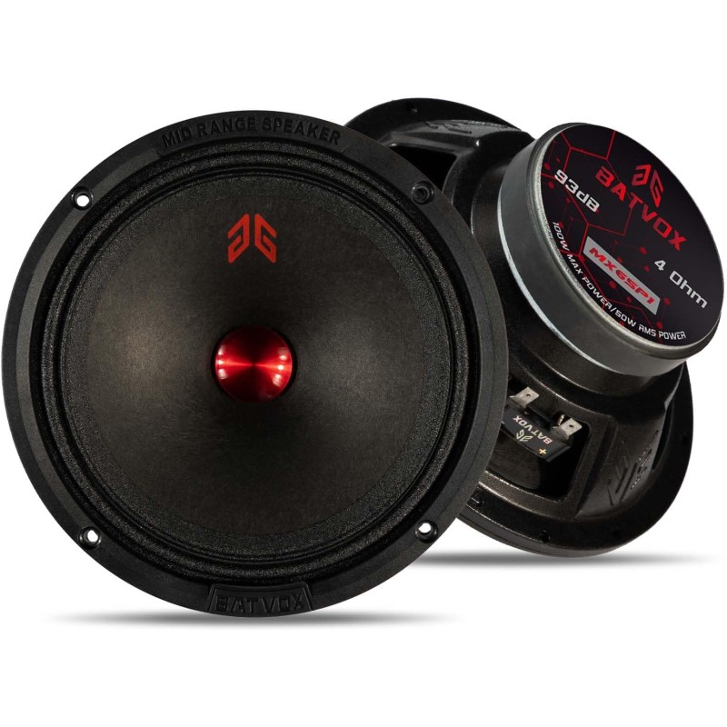 MX65E2 Loudspeaker 6.5 Inch Midrange 480 Watts 4 Ohms Red Bullet, Premium Quality Audio Door Speakers for Car or Truck Stereo