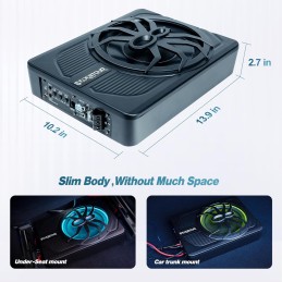 10" 800W Slim Under Seat Powered Car Subwoofer, Car/Truck Audio Sub built in Amplifier, New Upgrade with Blue LED Ambient Light