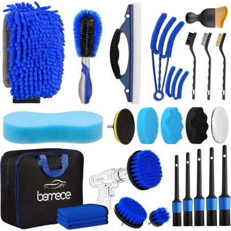 Bemece 29 Piece car detailing kit, car cleaning kit for Cleaning Wheels, Interior, Exterior, Leather, Dashboard, Vents (Blue)