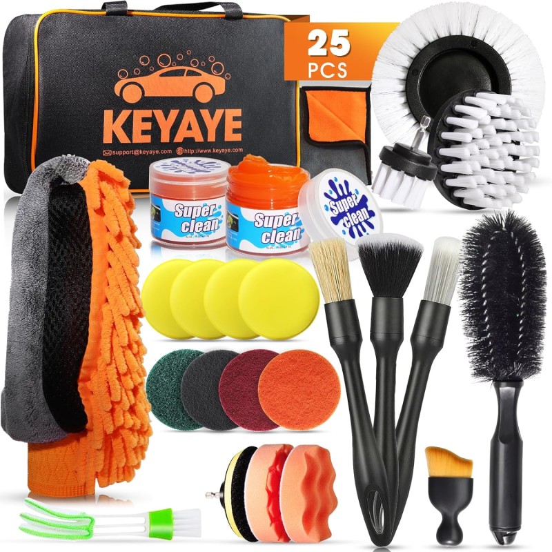 KEYAYE 25 Pcs Car Cleaning Kit, Car Detailing Kit with Ultra-Soft Car Detailing Brushes, Car Washing Kit with Microfibre