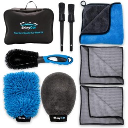 ShinyCar® UK: Premium Car Washing Kit With Bag. Microfibre Valet Wash Mitts, Large Exterior Drying Towel, Waffle Cloths, Alloy