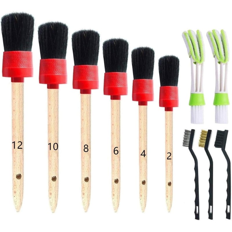 11Pcs Auto Detailing Set, Boar Hair Brushes, Steel Wire & A/C Brushes, Red, Soft Bristles, Wood Handles for Cleaning Interior,