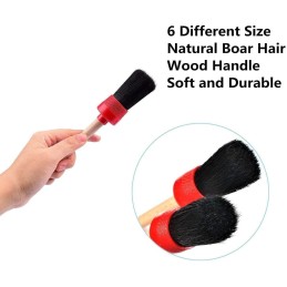 11Pcs Auto Detailing Set, Boar Hair Brushes, Steel Wire & A/C Brushes, Red, Soft Bristles, Wood Handles for Cleaning Interior,