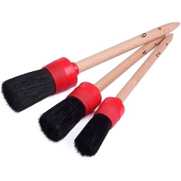 11Pcs Auto Detailing Set, Boar Hair Brushes, Steel Wire & A/C Brushes, Red, Soft Bristles, Wood Handles for Cleaning Interior,