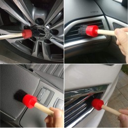 11Pcs Auto Detailing Set, Boar Hair Brushes, Steel Wire & A/C Brushes, Red, Soft Bristles, Wood Handles for Cleaning Interior,