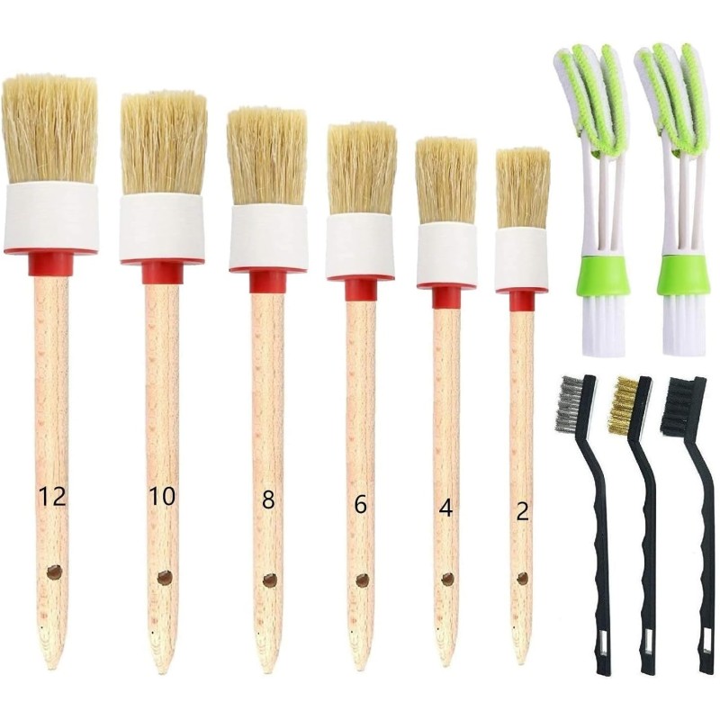 11Pcs Auto Detailing Set, Boar Hair Brushes, Steel Wire & A/C Brushes, Red, Soft Bristles, Wood Handles for Cleaning Interior,