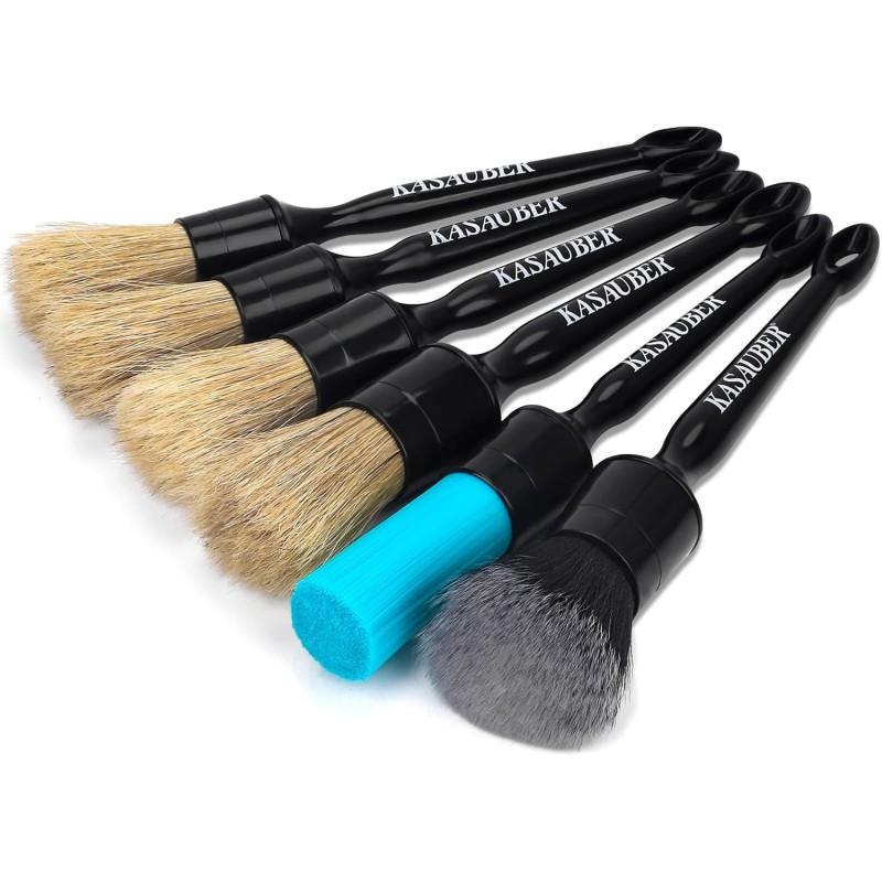 Kasauber 6x Professional Car Detailing Brushes Set, Auto Detail Cleaning Brush Kit for Car Interior Exterior Leather Seat Air