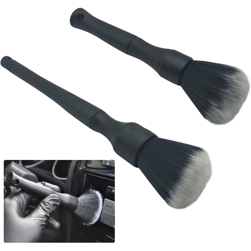 Car Detailing Brush Artificial Fiber 2 PCS Ultra Soft Synthetic Bristles Black Car Brush Interior Leave No Trace Easy Cleaning