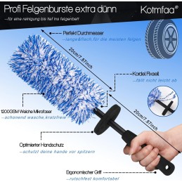 Auto Mikrofaser Felgenbürste extra dünn mit Detailing Pinsel, Lang Flach Alufelgen Felgenreiniger Bürste Wheel Brush für eine