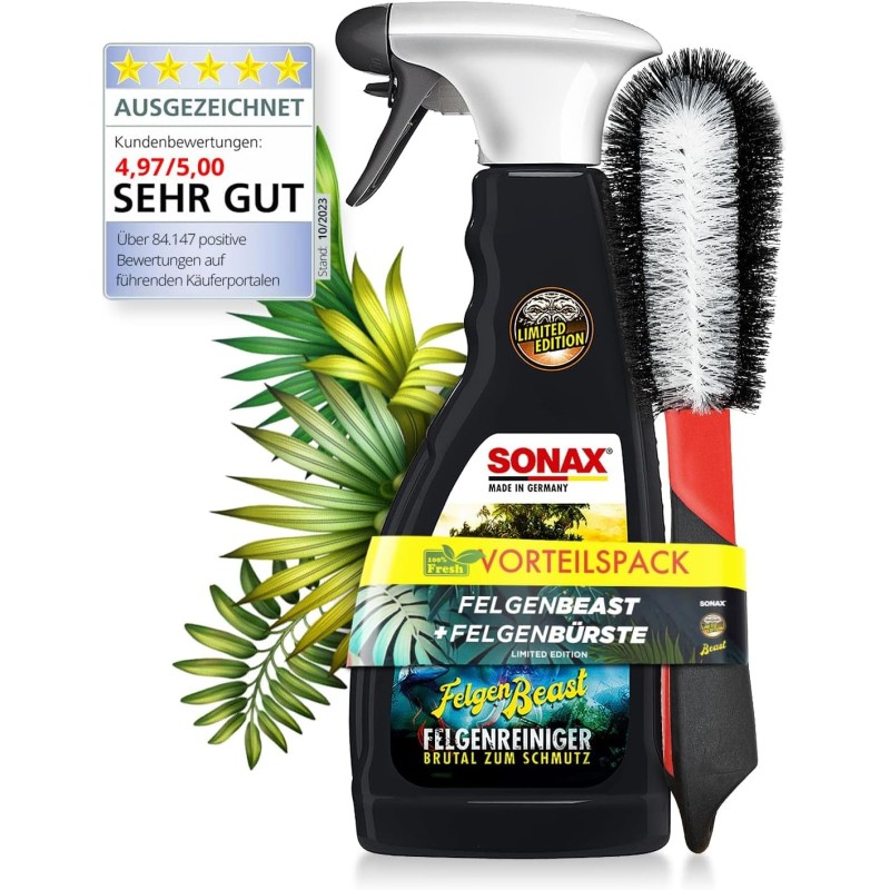 SONAX FelgenBeast Sonderedition (500ml) Premium Auto Felgenreiniger Felgenpflege Set inkl. Felgenbürste - Für eine schonende &