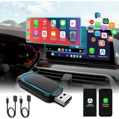 Wireless Carplay Adapter and Android Auto Wireless Adapter,2024 Newest Carplay Wireless Adapter with Seven-Color Ambient