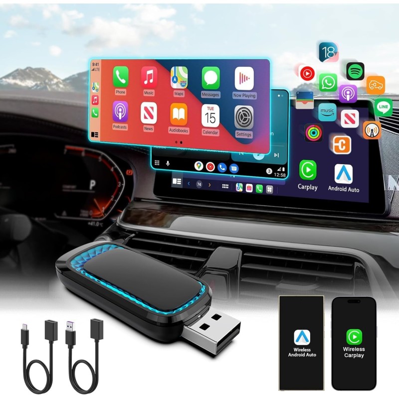 Wireless Carplay Adapter and Android Auto Wireless Adapter,2024 Newest Apple Carplay Wireless Adapter with Seven-Color Ambient