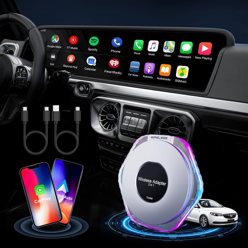 Wireless Carplay Adapter & Android Auto Wireless Adapter, 2024 A pple Car Play Wireless Adapter for iPhone, USB-C and USB-A