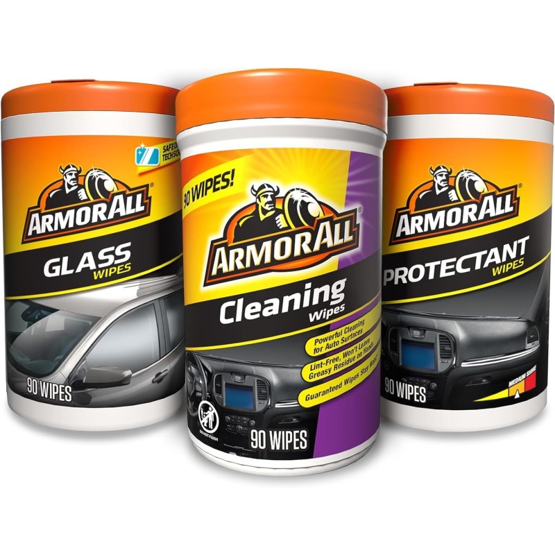 Armor All Protectant, Glass and Cleaning Wipes, Wipes for Car Interior and Car Exterior, 30 Count Each (Pack of 3)