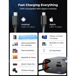 Upgraded SUPERONE Retractable Car Charger 4 in 1, Fast Car Phone Charger with Cord 2.6ft, USB C and Apple Car Charger Adapter,