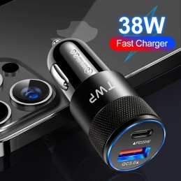 USB C Car Charger, 38W Dual Port PD 20W/QC3.0 Fast Charge Cigarette Lighter Adapter with LED for iPhone 15/14 Pro Max, Samsung